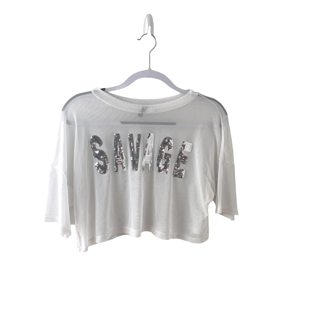 K TOO  Sheer  White Cropped Top with Silver Sequined Lettering  (SAVAGE)  Sz M